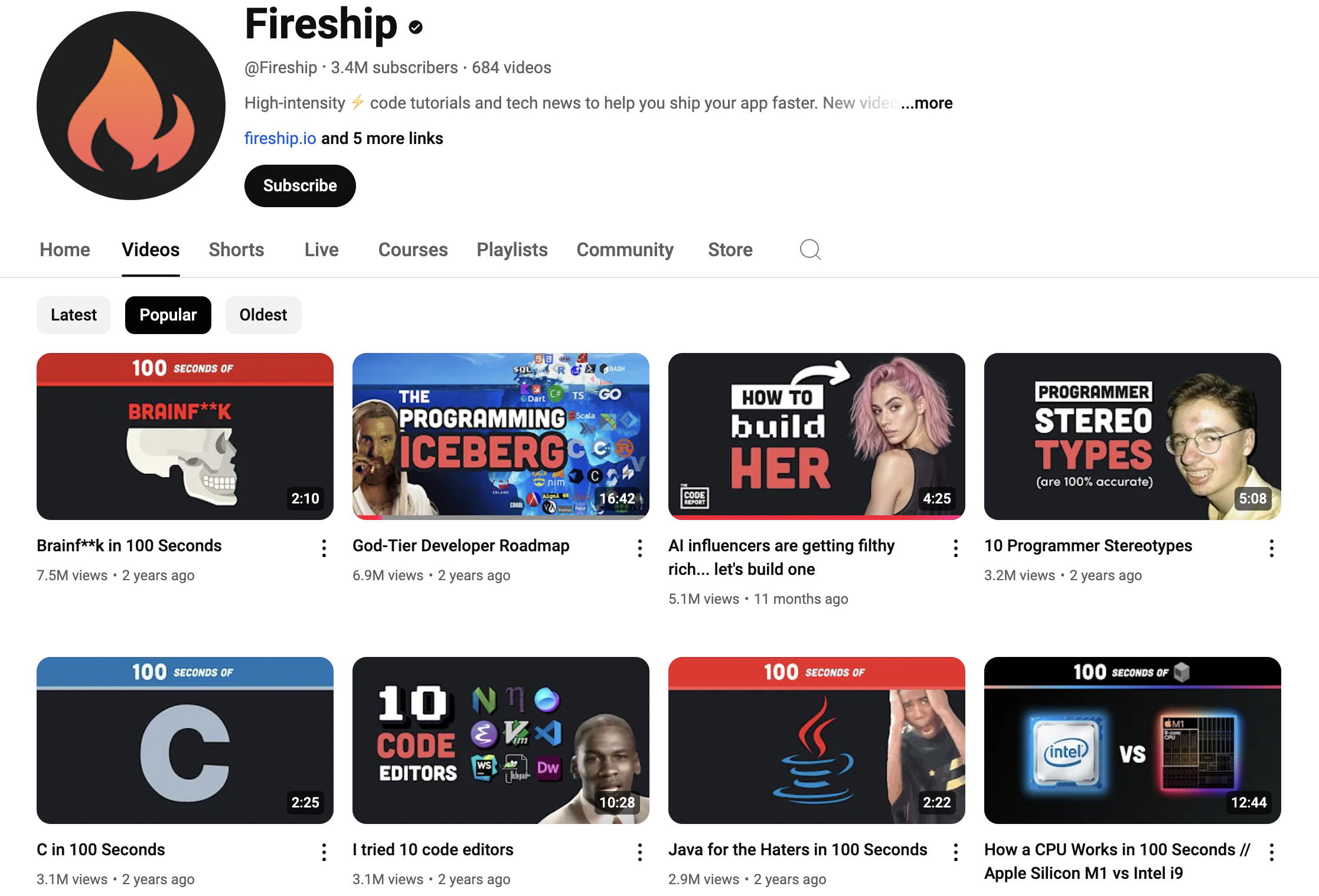 “Fireship Youtube Home page”